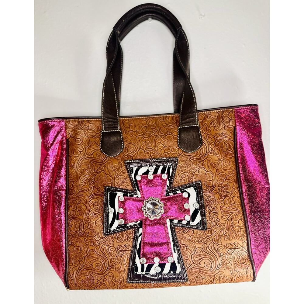 Large Handbag Purse Hot Pink With Embossed Floral Design With Cross And Jewels